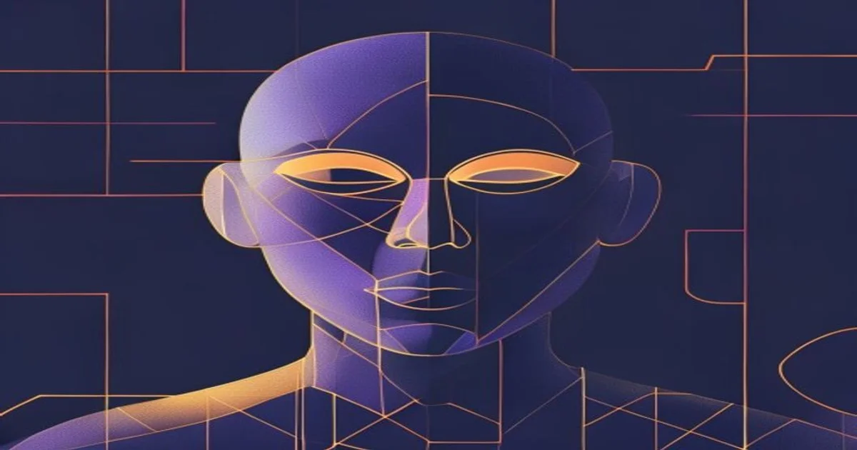 Abstract violet and gold geometric grid pattern with two overlapping mask outlines on a deep navy background, evoking an Android face-swap motif.