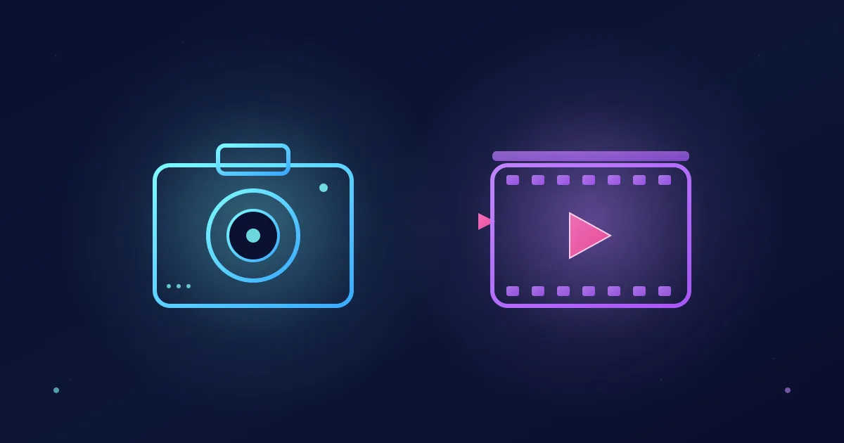 Stylized cyan camera glyph beside a purple film-strip with a pink play triangle on a deep navy background, representing AI face swap for video.