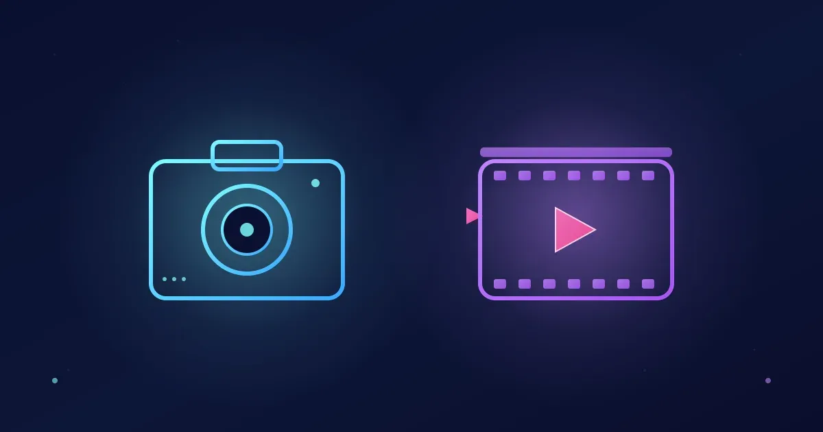 Stylized cyan camera glyph on the left and a purple film-strip with a play triangle on the right, joined by a dashed magenta arrow on a deep navy background — symbolizing one app for both photo and video face swap.