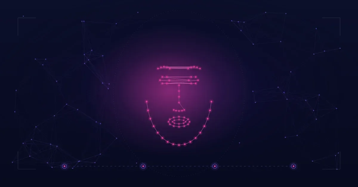 Abstract magenta facial-landmark mesh glowing on a deep navy background, framed by thin corner brackets and faint network constellations.