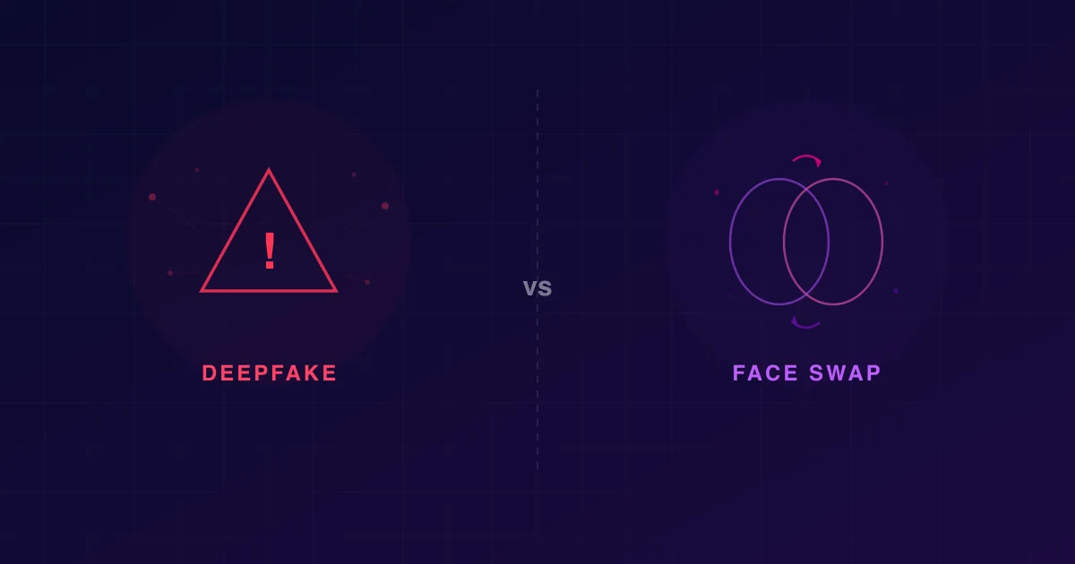 Split-screen abstract illustration contrasting a red deepfake warning symbol on the left with a friendly purple face-swap icon on the right, on a deep navy background.