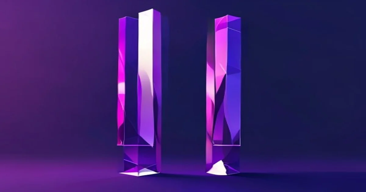 Two tall mirrored crystal prism pillars in electric purple with magenta highlights on a deep navy background.