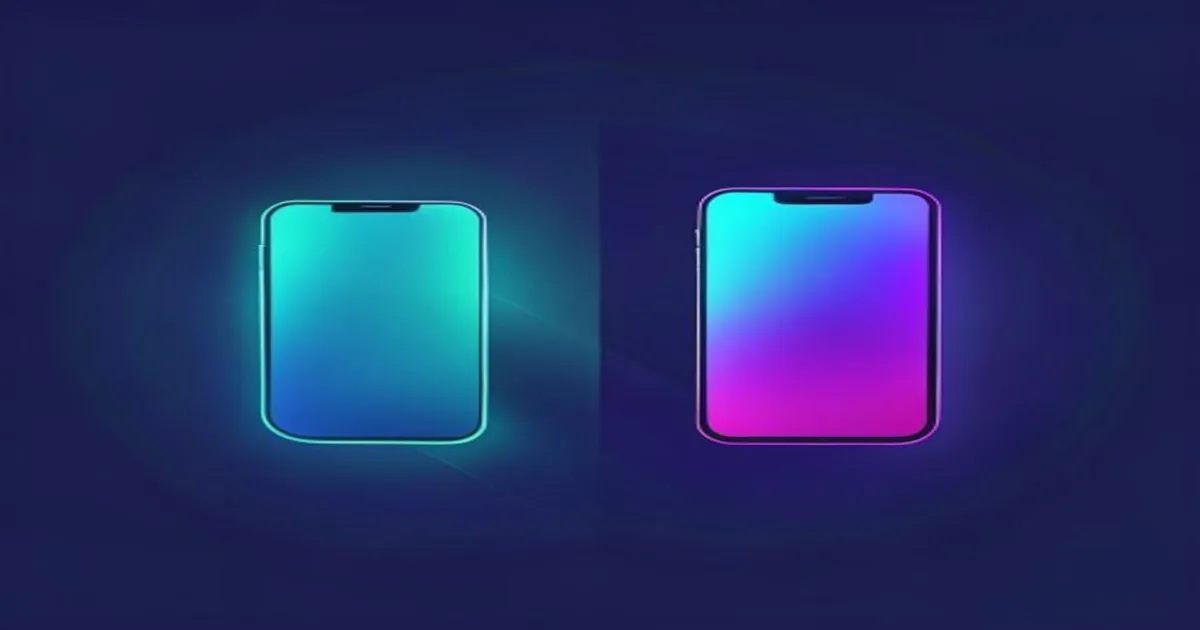 Face swap versus cartoon avatar comparison illustration — two stylized smartphone silhouettes facing each other on a deep navy background, the left phone glowing cyan with a photoreal portrait and the right glowing electric purple with a cartoon avatar.