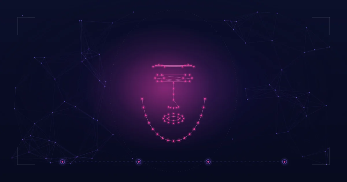 Abstract magenta and violet neural-network mesh with stylized face-landmark dots on a deep navy background, evoking the AI face swap pipeline.