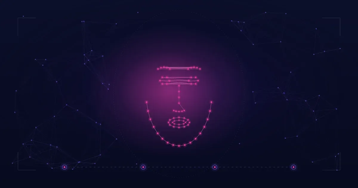 Abstract magenta and violet neural-network mesh with stylized face-landmark dots on a deep navy background, evoking the AI face swap pipeline.