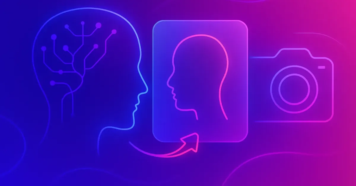 Abstract neon line art on a blue-to-magenta gradient: a circuit-patterned head outline, a curved arrow into a glass photo card holding a second face outline, and a camera icon.